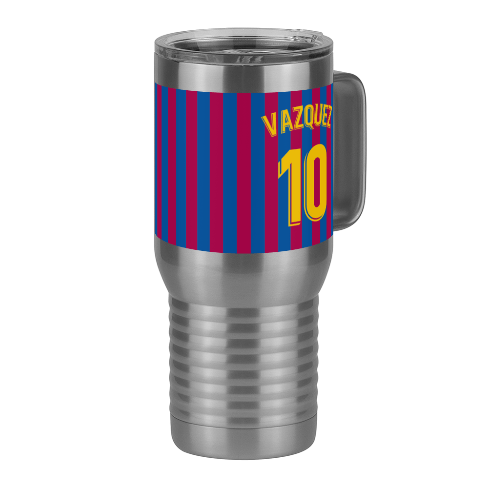 Personalized Soccer Stripes Jersey Number Travel Coffee Mug Tumbler with Handle (20 oz) - Barcelona Spain - Front Right View