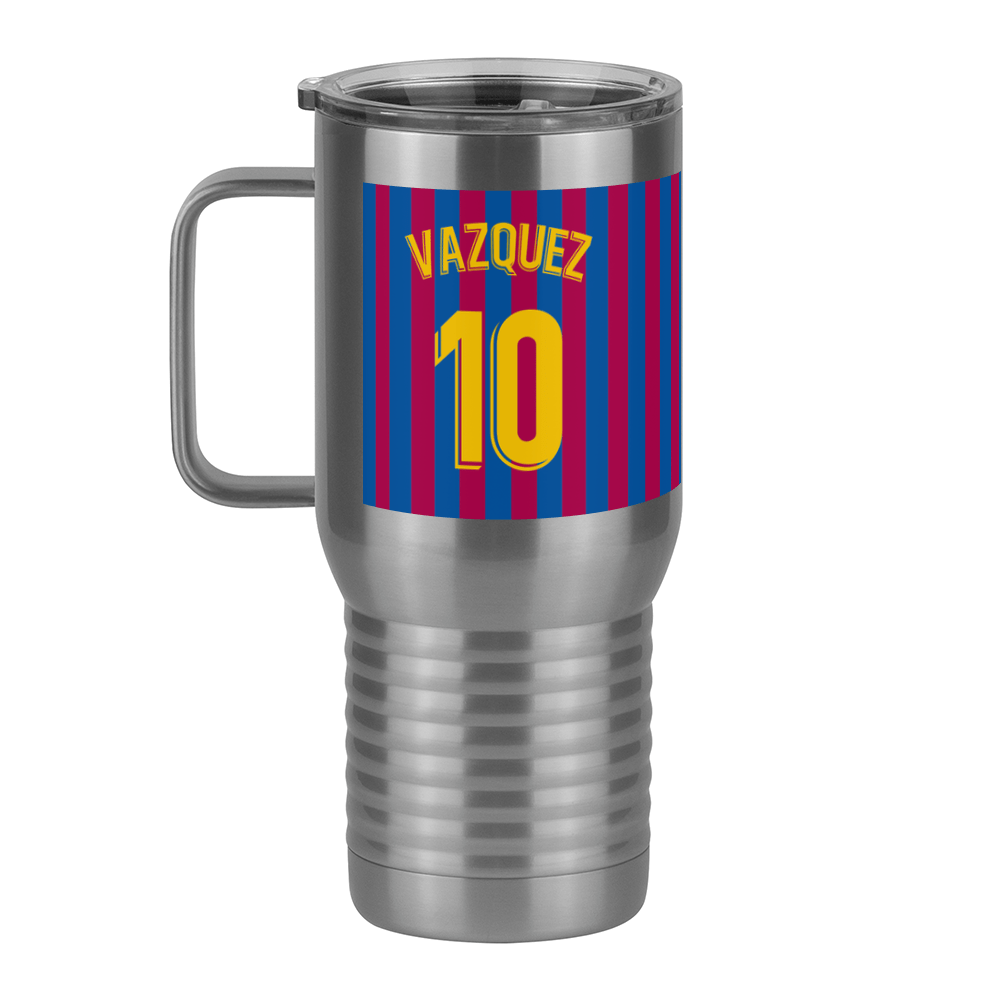 Personalized Soccer Stripes Jersey Number Travel Coffee Mug Tumbler with Handle (20 oz) - Barcelona Spain - Left View