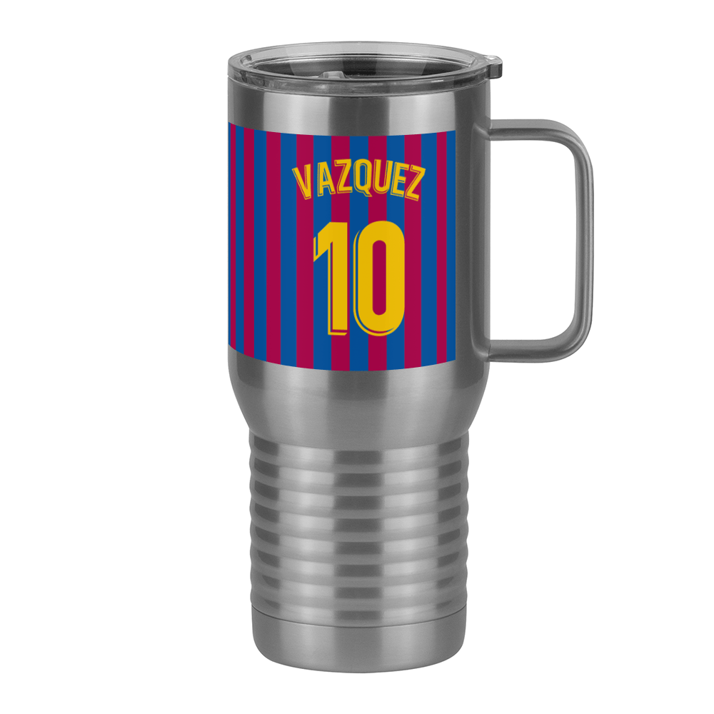 Personalized Soccer Stripes Jersey Number Travel Coffee Mug Tumbler with Handle (20 oz) - Barcelona Spain - Right View