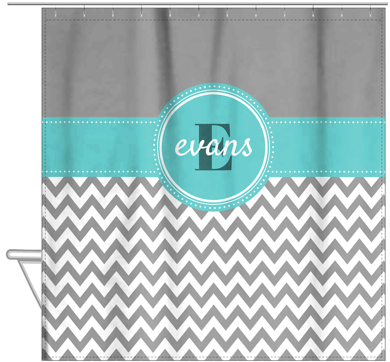 Personalized Solid and Chevron I Shower Curtain - Grey and Teal - Circle Nameplate - Hanging View