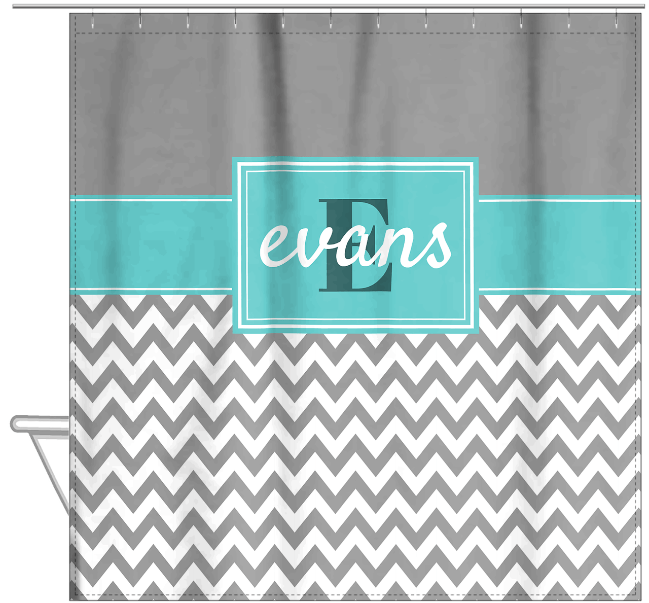 Personalized Solid and Chevron I Shower Curtain - Grey and Teal - Rectangle Nameplate - Hanging View