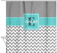 Thumbnail for Personalized Solid and Chevron I Shower Curtain - Grey and Teal - Square Nameplate - Hanging View