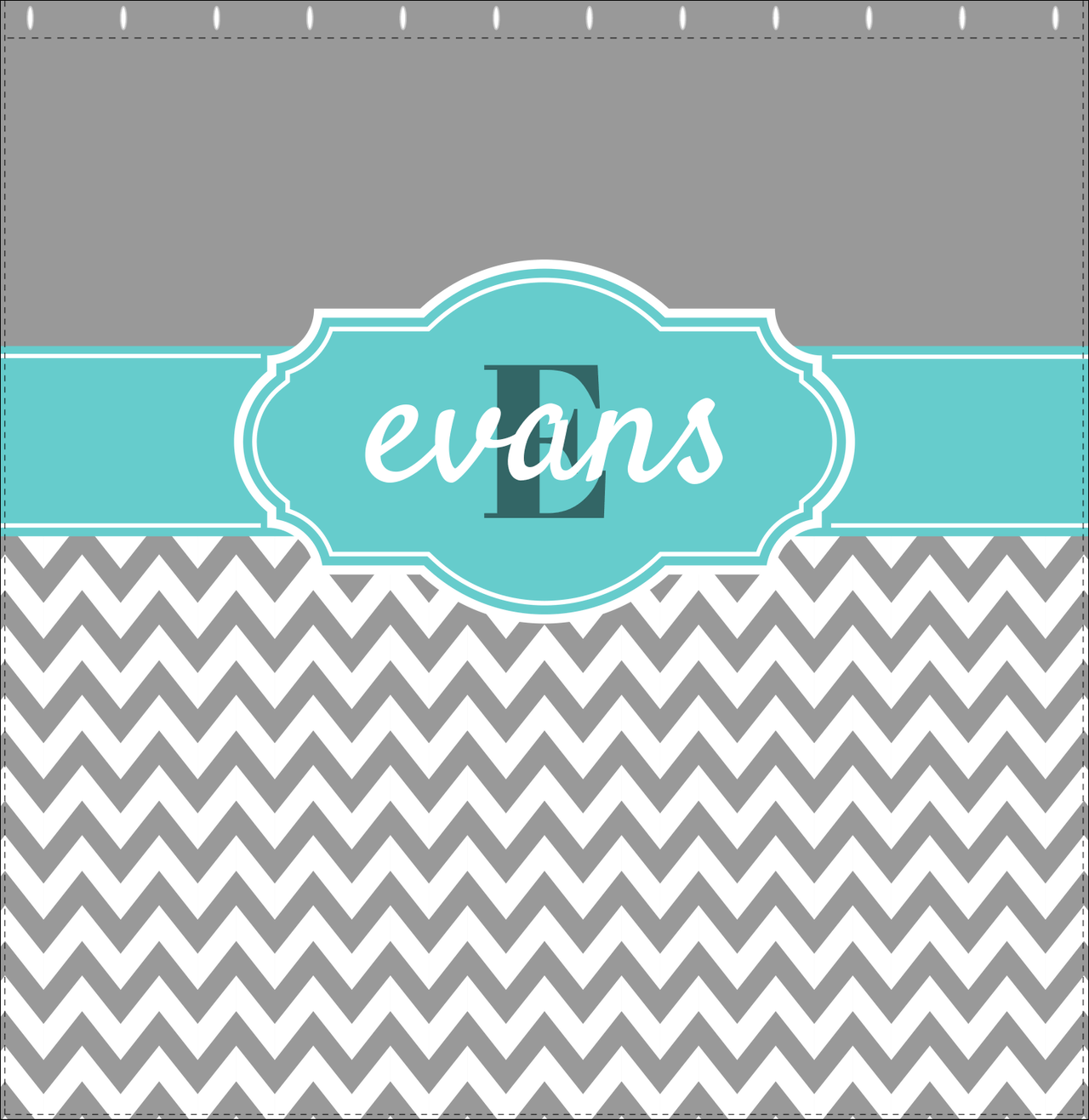 Personalized Solid and Chevron I Shower Curtain - Grey and Teal - Fancy Nameplate - Decorate View