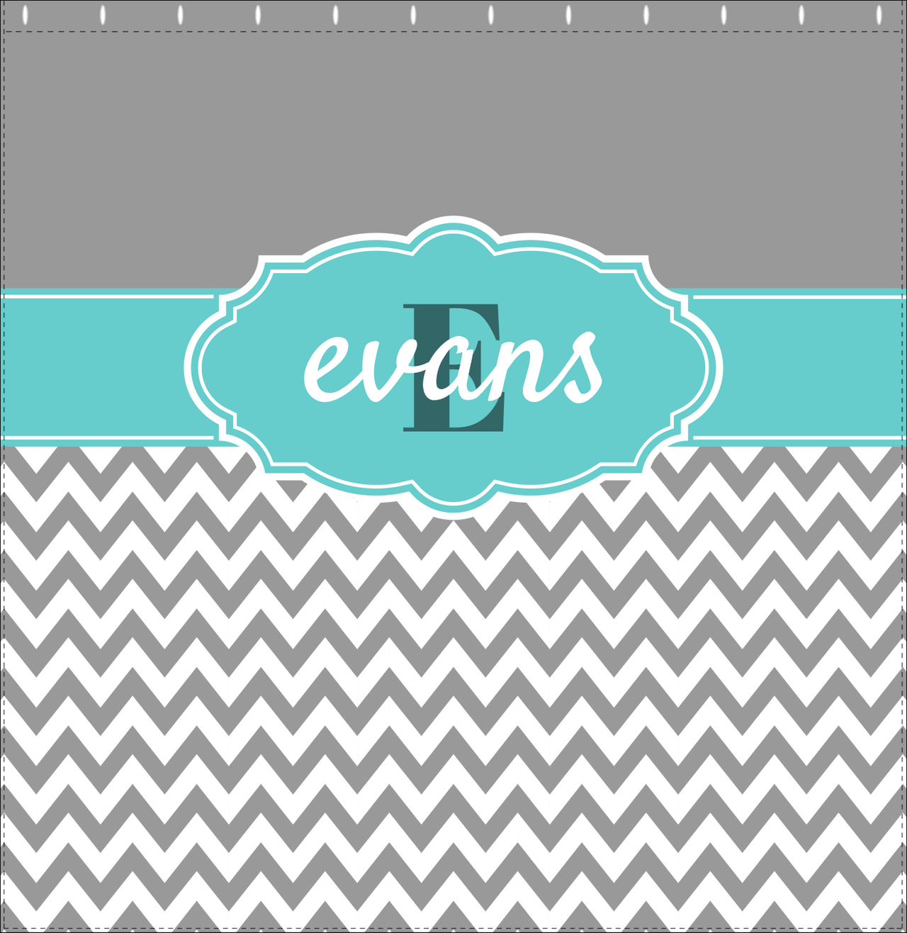 Personalized Solid and Chevron I Shower Curtain - Grey and Teal - Fancy Nameplate II - Decorate View