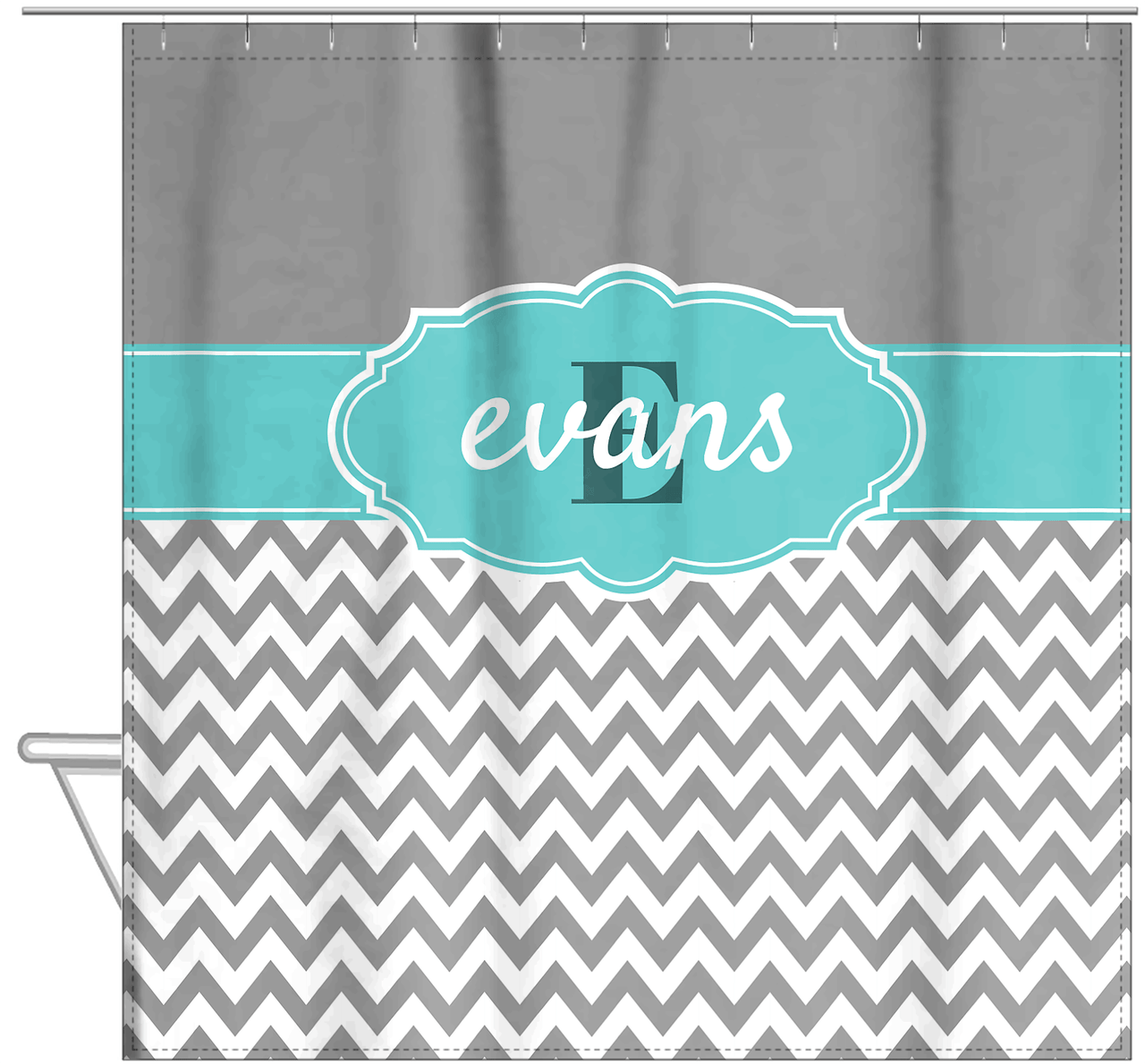 Personalized Solid and Chevron I Shower Curtain - Grey and Teal - Fancy Nameplate II - Hanging View