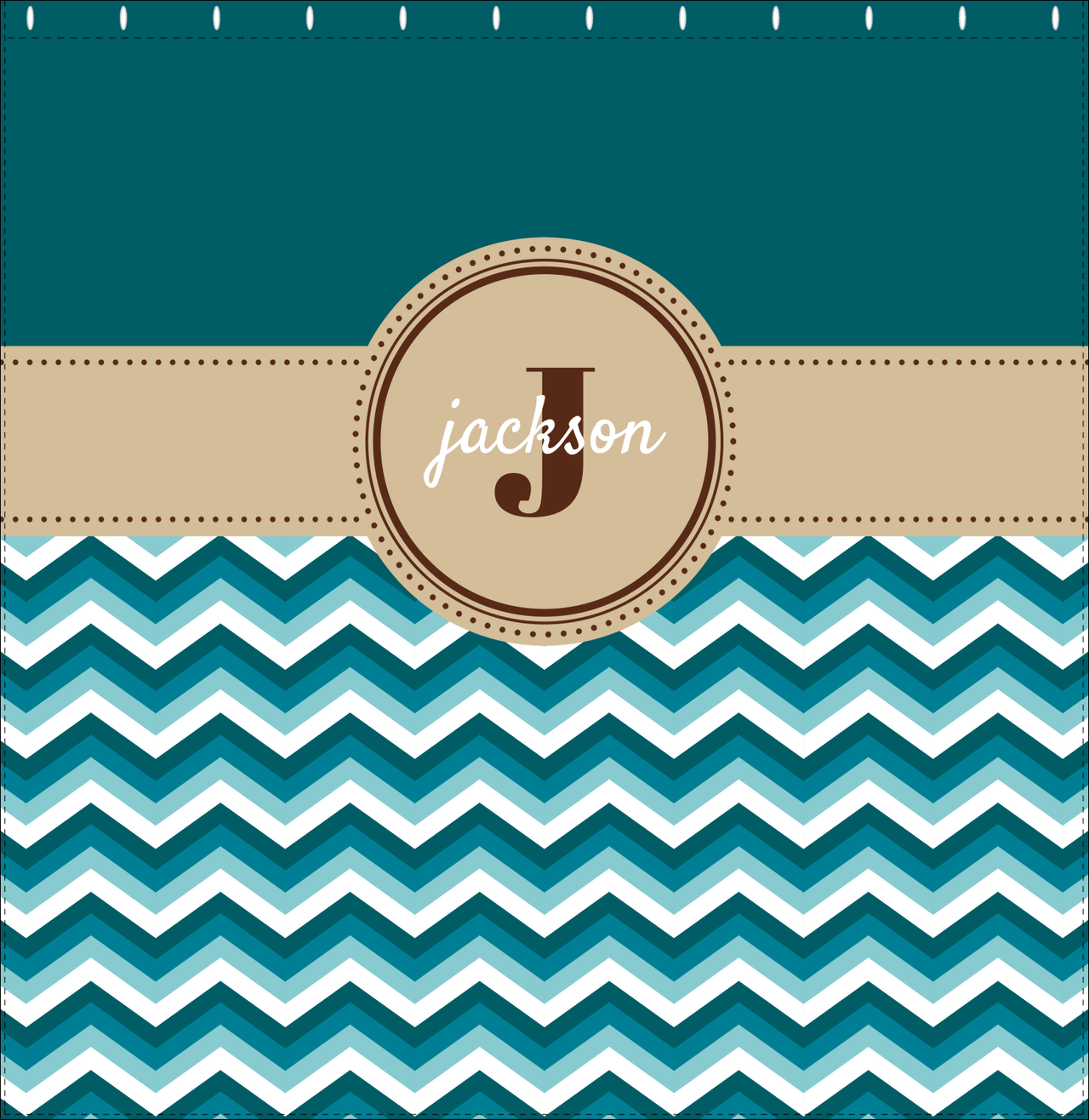 Personalized Solid and Chevron II Shower Curtain - Teal and Brown - Circle Nameplate - Decorate View