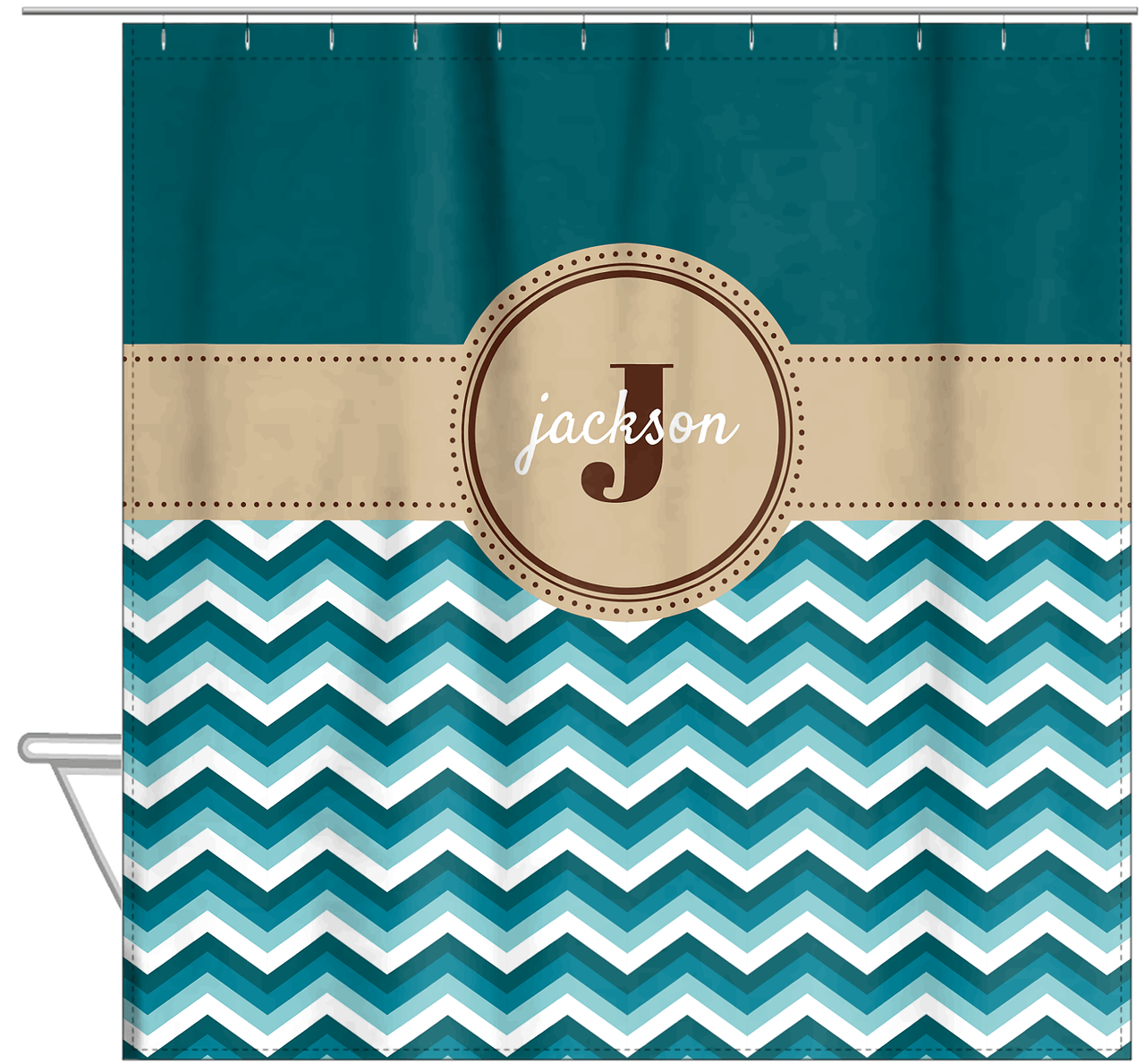 Personalized Solid and Chevron II Shower Curtain - Teal and Brown - Circle Nameplate - Hanging View