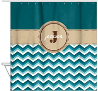 Thumbnail for Personalized Solid and Chevron II Shower Curtain - Teal and Brown - Circle Nameplate - Hanging View