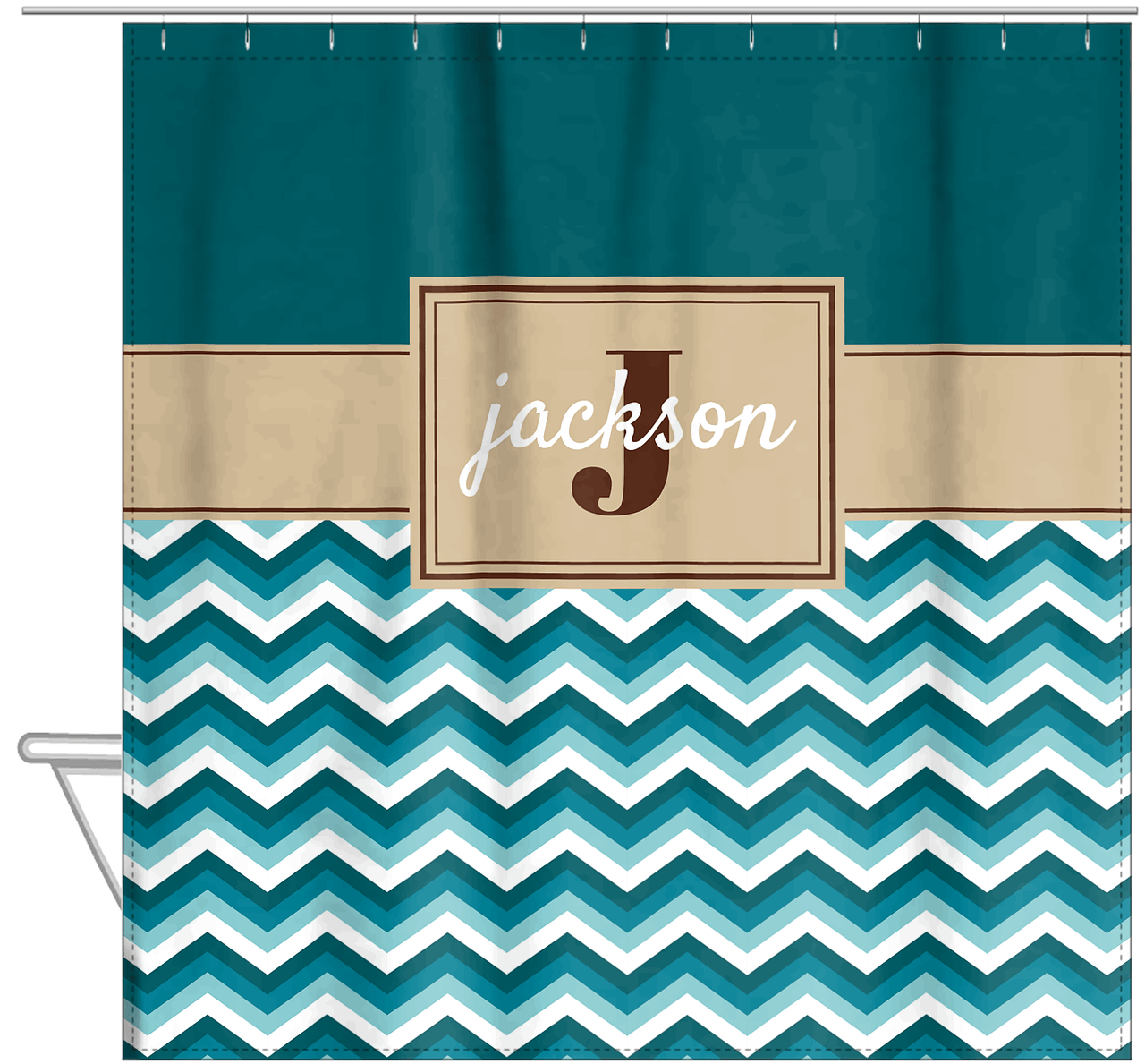 Personalized Solid and Chevron II Shower Curtain - Teal and Brown - Rectangle Nameplate - Hanging View