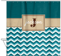 Thumbnail for Personalized Solid and Chevron II Shower Curtain - Teal and Brown - Rectangle Nameplate - Hanging View