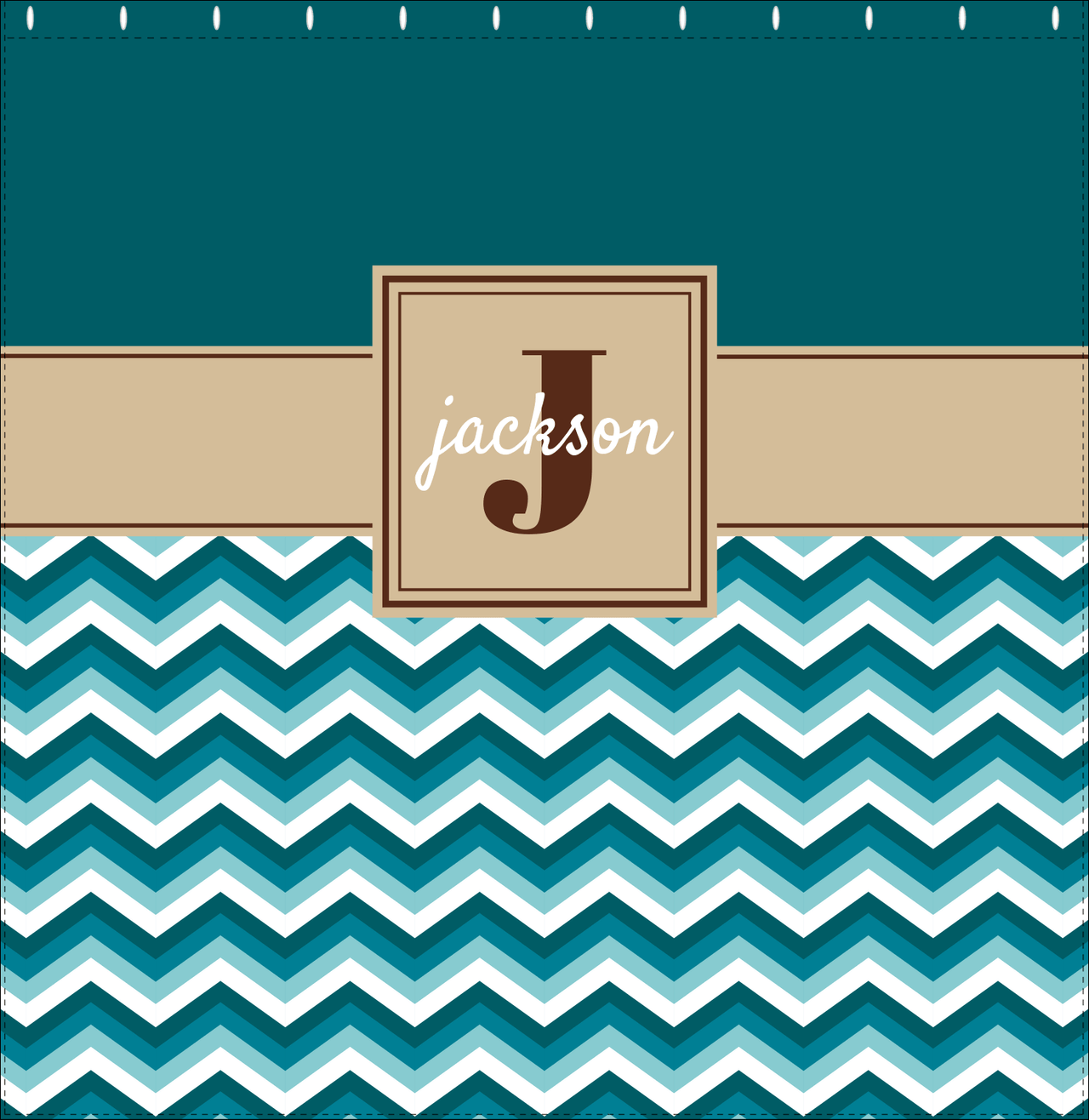 Personalized Solid and Chevron II Shower Curtain - Teal and Brown - Square Nameplate - Decorate View