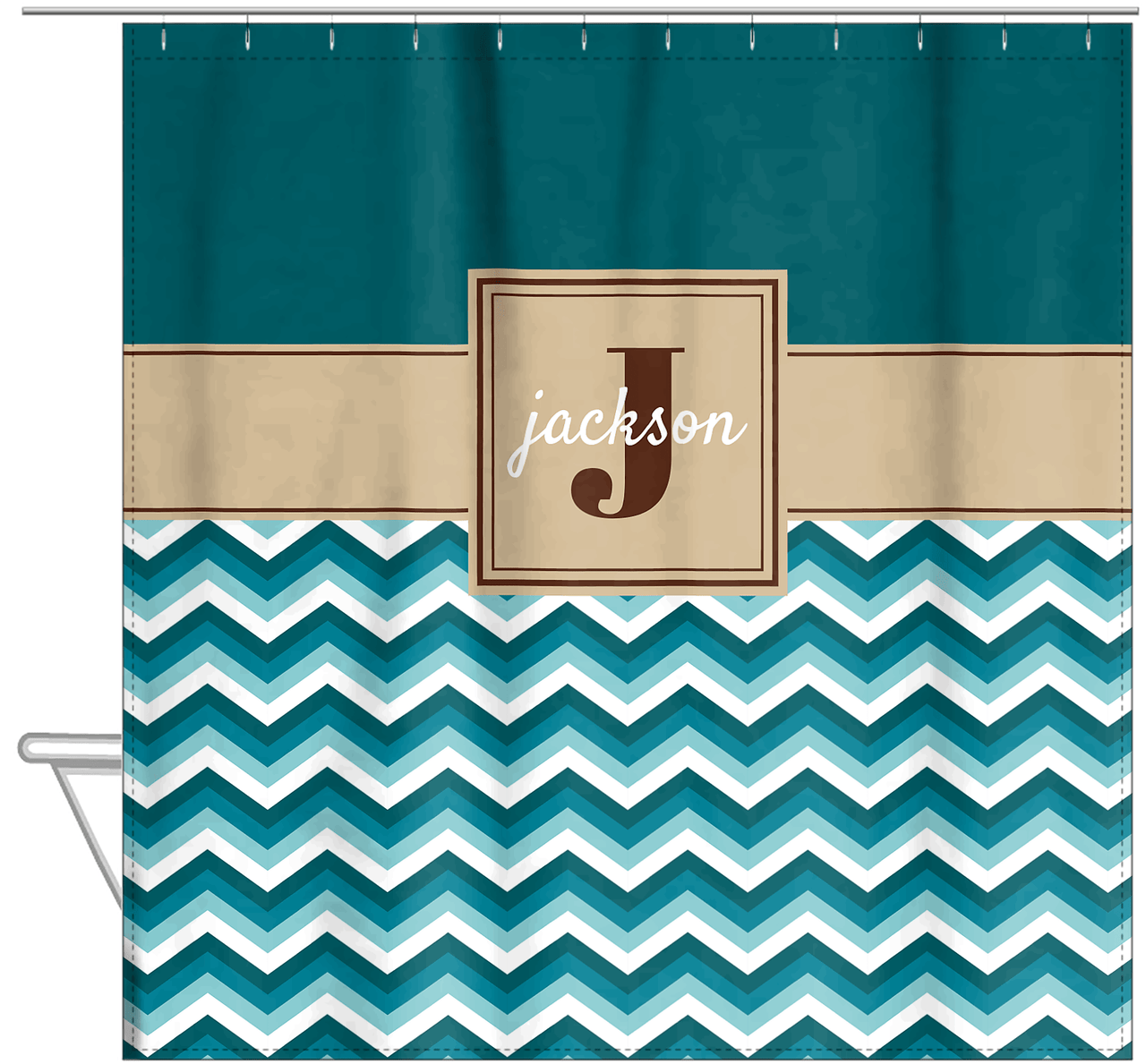 Personalized Solid and Chevron II Shower Curtain - Teal and Brown - Square Nameplate - Hanging View