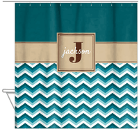 Thumbnail for Personalized Solid and Chevron II Shower Curtain - Teal and Brown - Square Nameplate - Hanging View