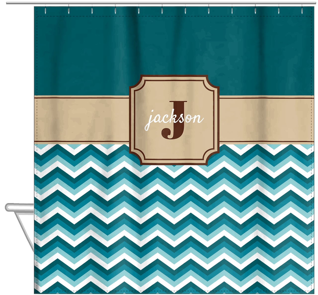 Personalized Solid and Chevron II Shower Curtain - Teal and Brown - Stamp Nameplate - Hanging View