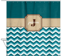 Thumbnail for Personalized Solid and Chevron II Shower Curtain - Teal and Brown - Stamp Nameplate - Hanging View