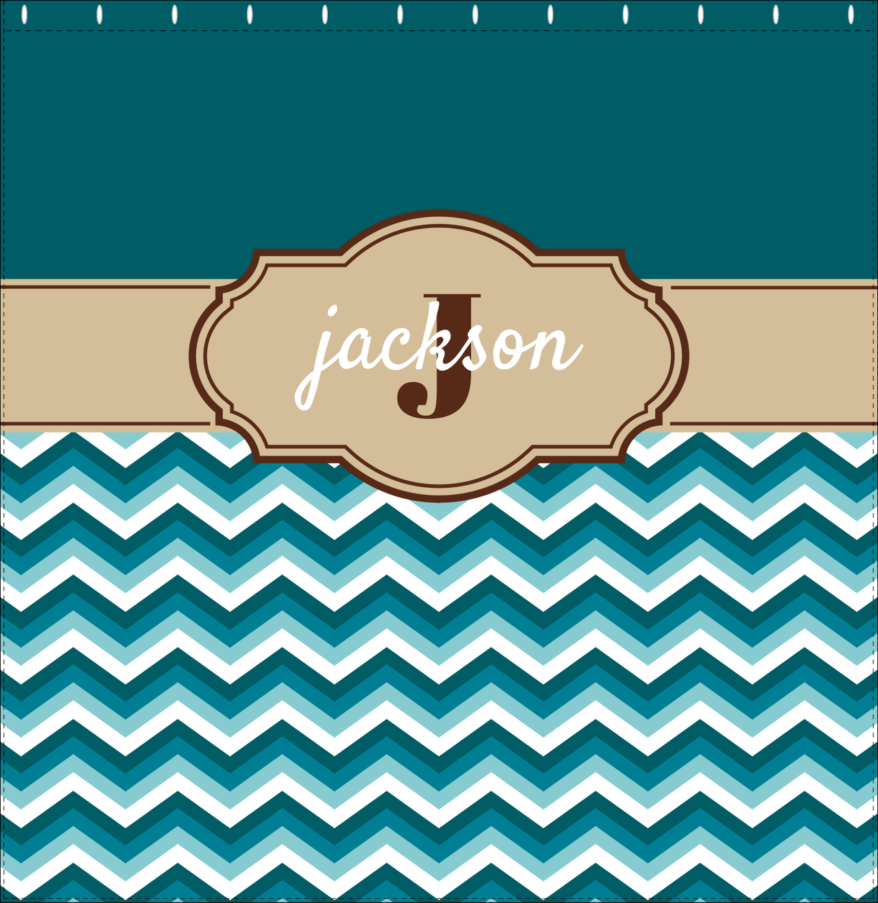 Personalized Solid and Chevron II Shower Curtain - Teal and Brown - Fancy Nameplate - Decorate View