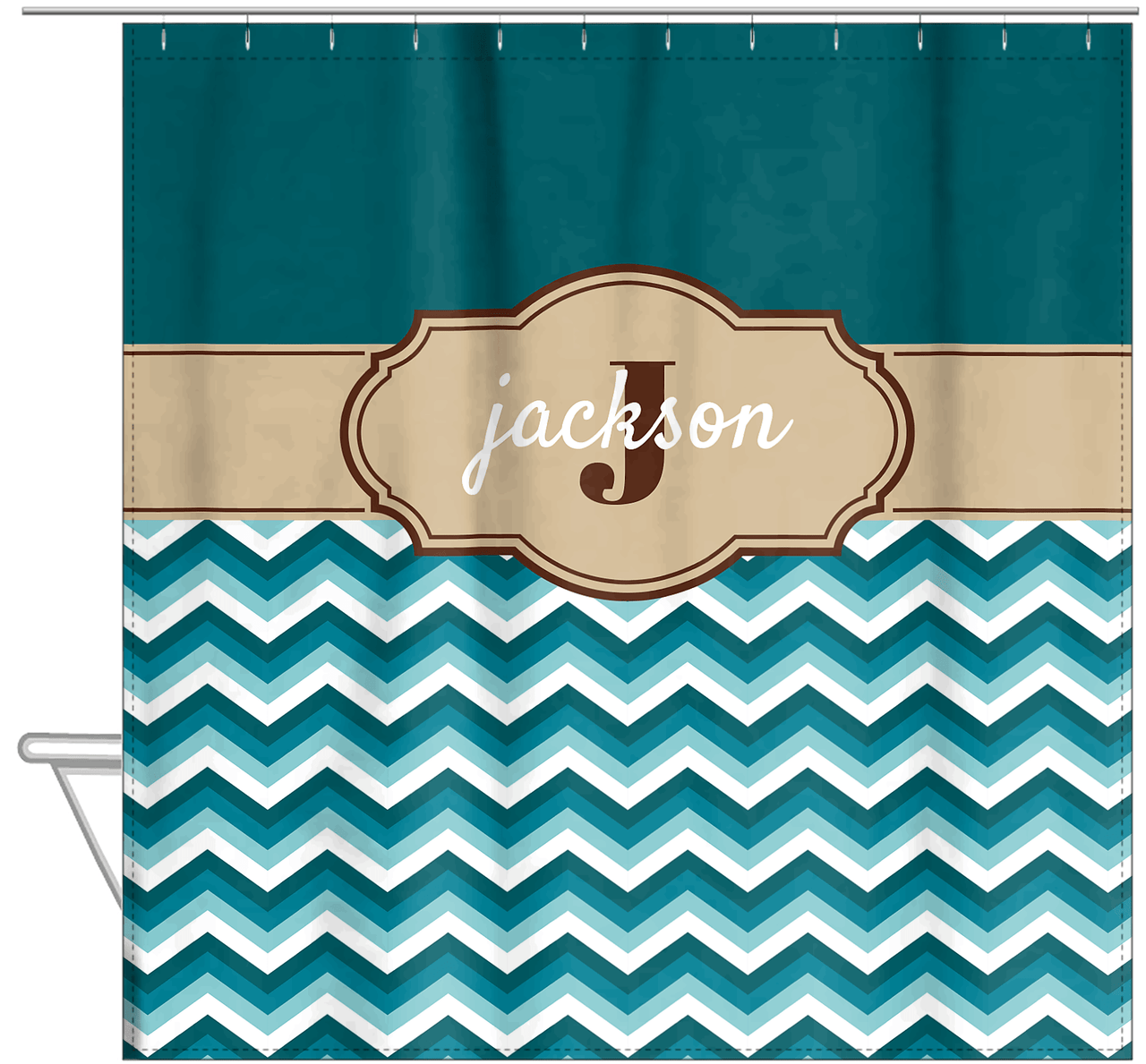 Personalized Solid and Chevron II Shower Curtain - Teal and Brown - Fancy Nameplate - Hanging View