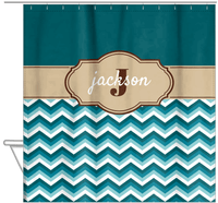 Thumbnail for Personalized Solid and Chevron II Shower Curtain - Teal and Brown - Fancy Nameplate - Hanging View