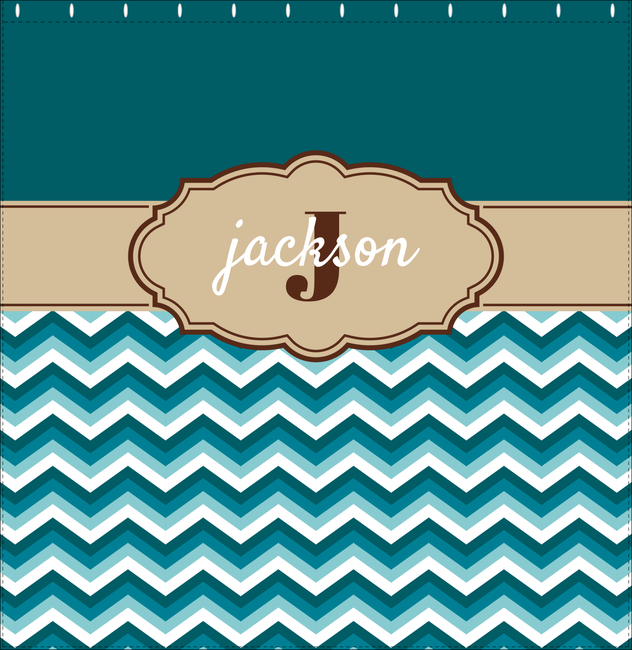 Personalized Solid and Chevron II Shower Curtain - Teal and Brown - Fancy Nameplate II - Decorate View