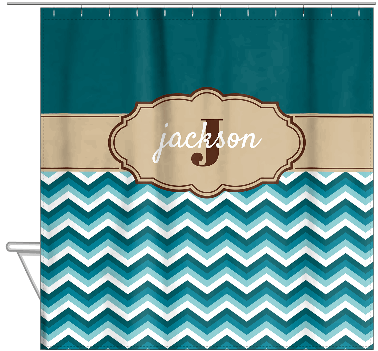 Personalized Solid and Chevron II Shower Curtain - Teal and Brown - Fancy Nameplate II - Hanging View