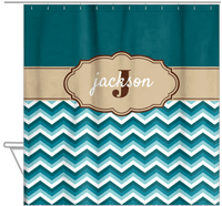 Thumbnail for Personalized Solid and Chevron II Shower Curtain - Teal and Brown - Fancy Nameplate II - Hanging View
