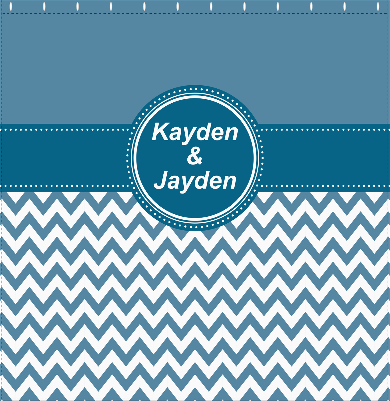 Personalized Solid and Chevron III Shower Curtain - Blue and White - Circle Nameplate - Decorate View