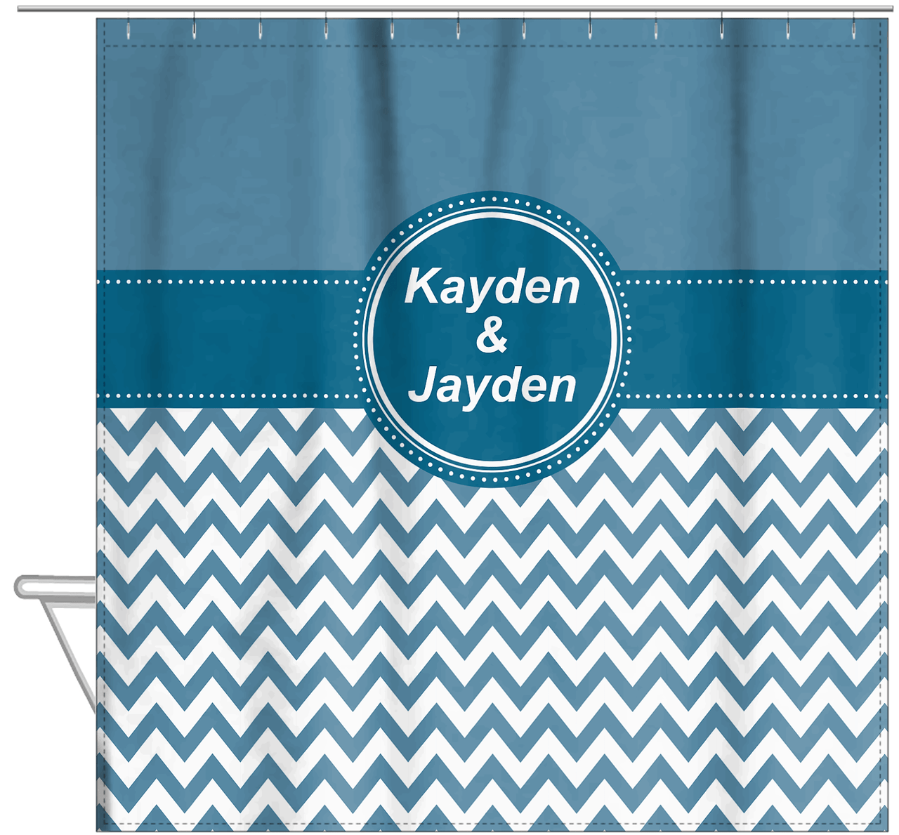 Personalized Solid and Chevron III Shower Curtain - Blue and White - Circle Nameplate - Hanging View