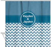Thumbnail for Personalized Solid and Chevron III Shower Curtain - Blue and White - Circle Nameplate - Hanging View