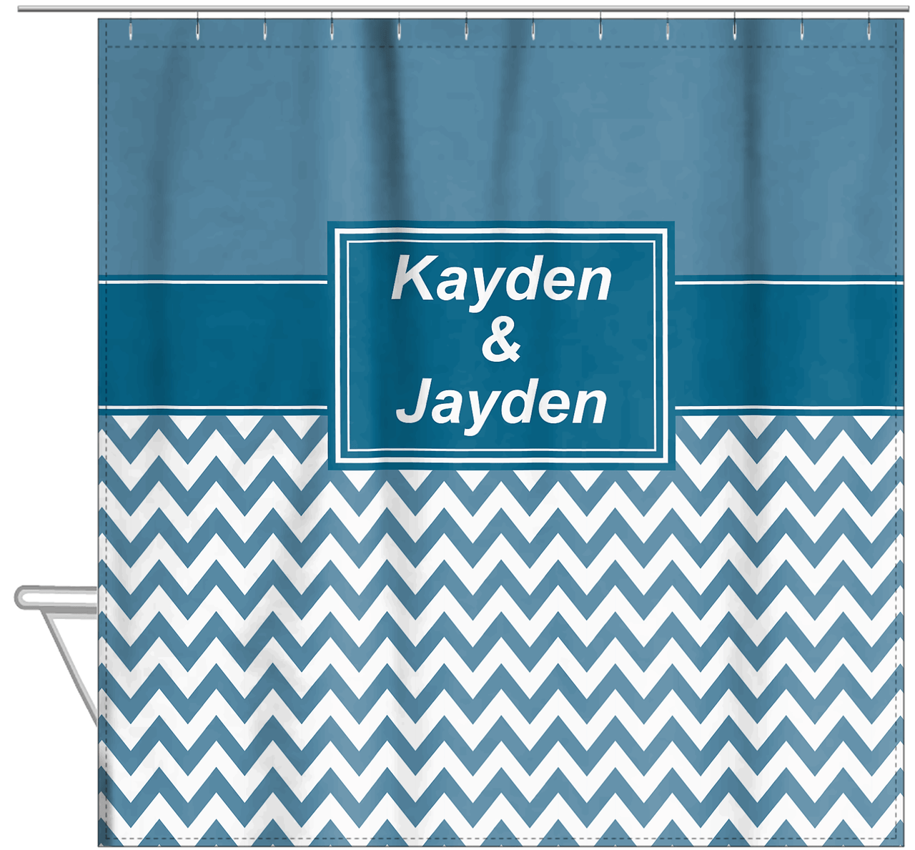 Personalized Solid and Chevron III Shower Curtain - Blue and White - Rectangle Nameplate - Hanging View