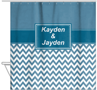 Thumbnail for Personalized Solid and Chevron III Shower Curtain - Blue and White - Rectangle Nameplate - Hanging View