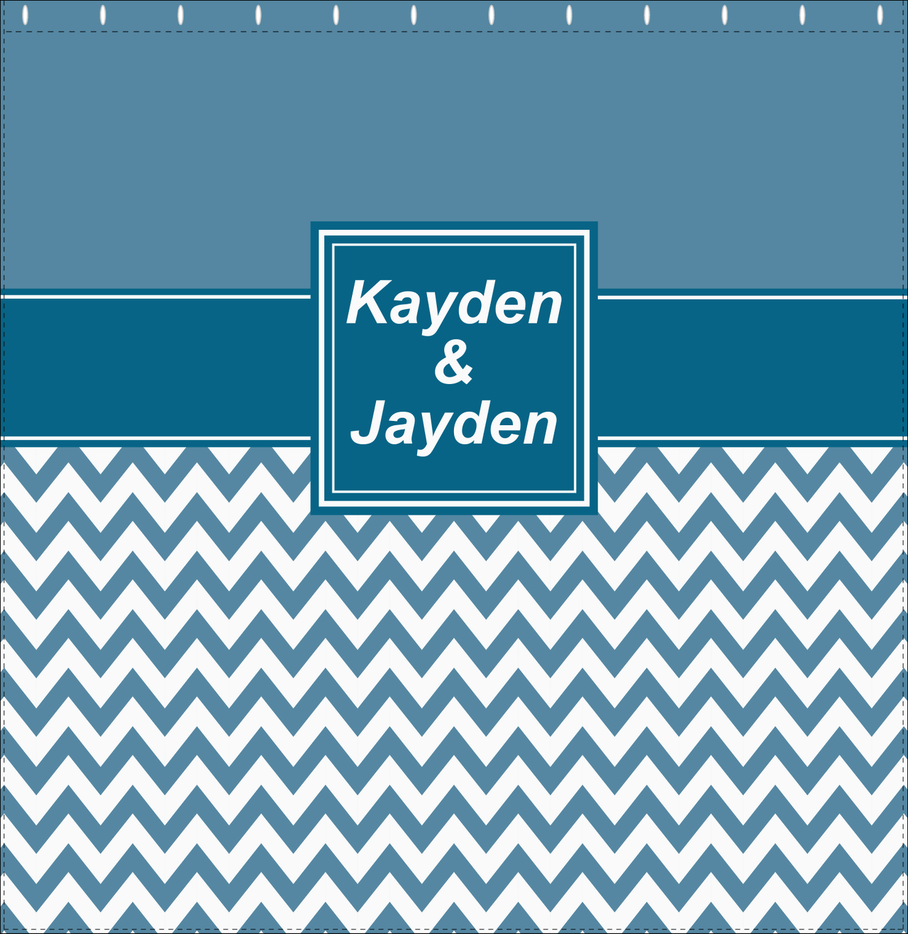 Personalized Solid and Chevron III Shower Curtain - Blue and White - Square Nameplate - Decorate View