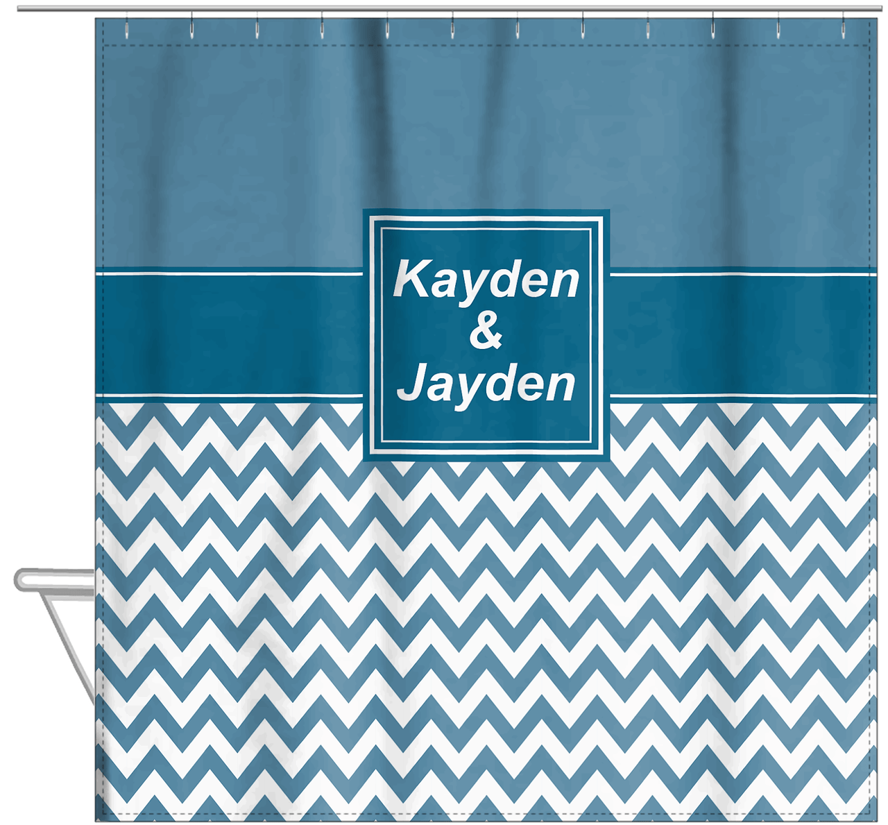 Personalized Solid and Chevron III Shower Curtain - Blue and White - Square Nameplate - Hanging View