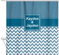 Thumbnail for Personalized Solid and Chevron III Shower Curtain - Blue and White - Square Nameplate - Hanging View