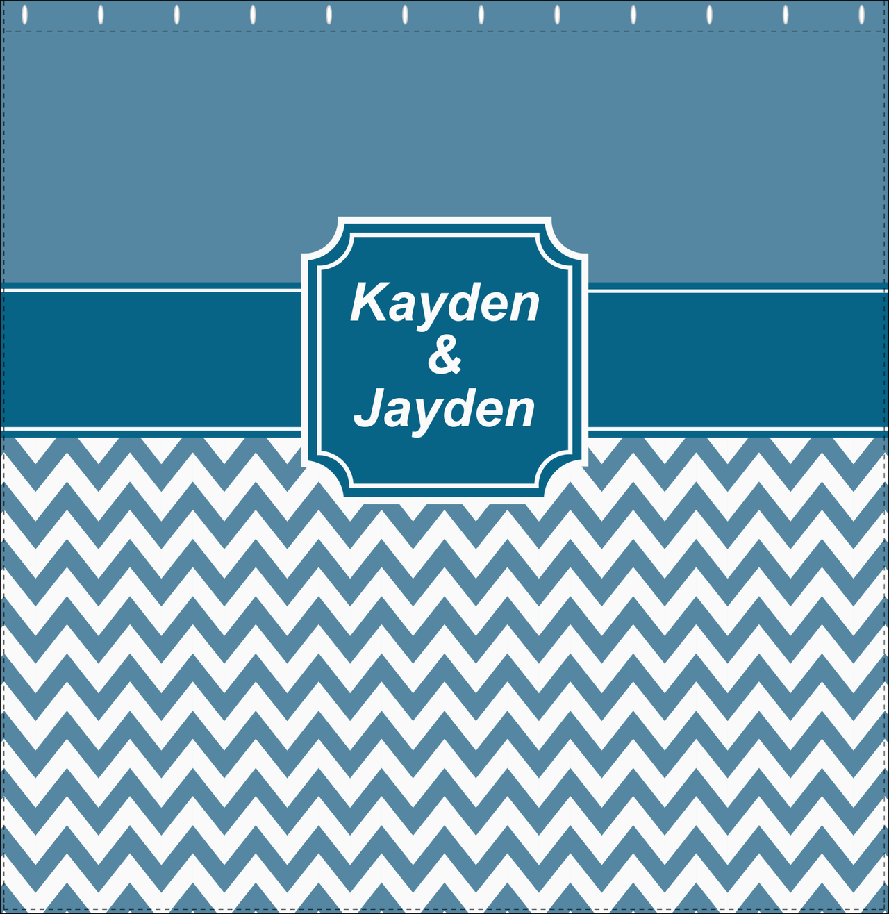 Personalized Solid and Chevron III Shower Curtain - Blue and White - Stamp Nameplate - Decorate View