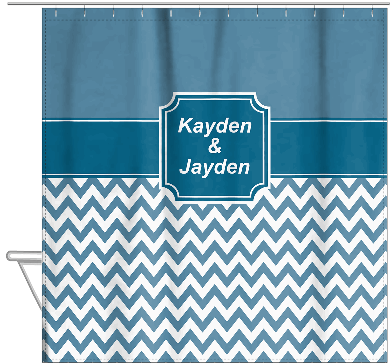 Personalized Solid and Chevron III Shower Curtain - Blue and White - Stamp Nameplate - Hanging View