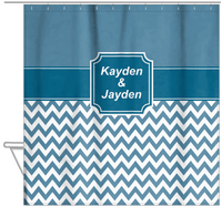Thumbnail for Personalized Solid and Chevron III Shower Curtain - Blue and White - Stamp Nameplate - Hanging View