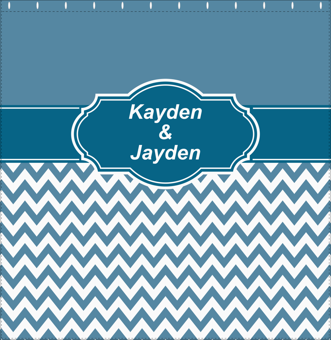 Personalized Solid and Chevron III Shower Curtain - Blue and White - Fancy Nameplate - Decorate View