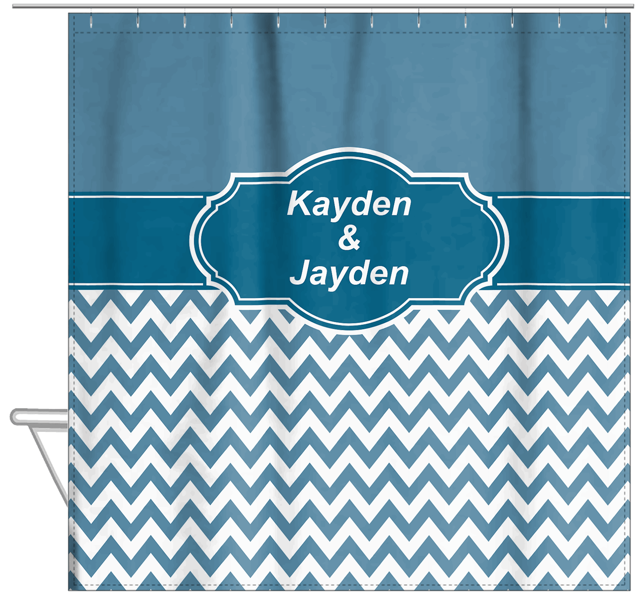 Personalized Solid and Chevron III Shower Curtain - Blue and White - Fancy Nameplate - Hanging View