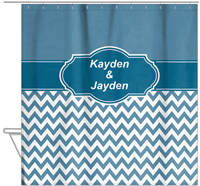 Thumbnail for Personalized Solid and Chevron III Shower Curtain - Blue and White - Fancy Nameplate - Hanging View