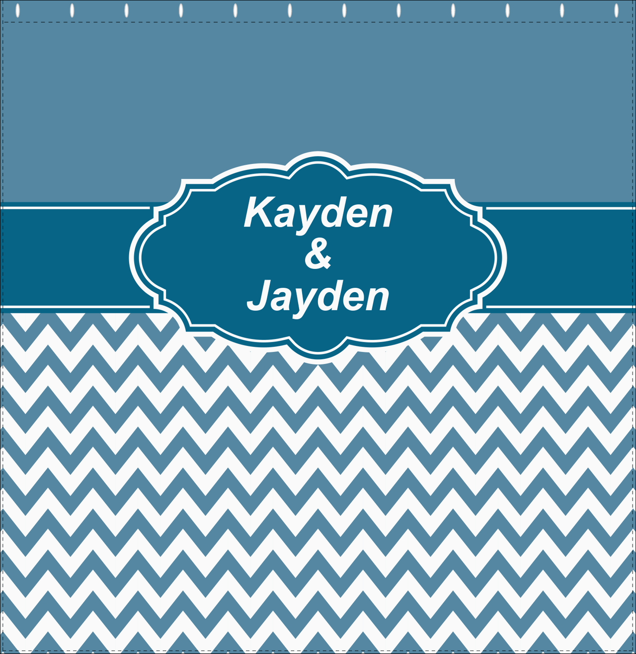 Personalized Solid and Chevron III Shower Curtain - Blue and White - Fancy Nameplate II - Decorate View