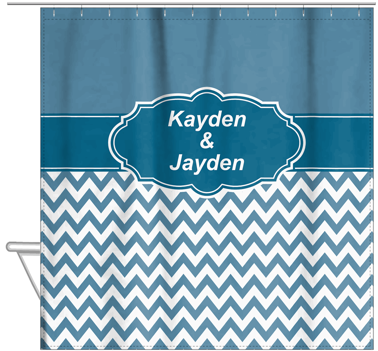 Personalized Solid and Chevron III Shower Curtain - Blue and White - Fancy Nameplate II - Hanging View