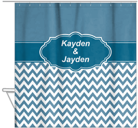 Thumbnail for Personalized Solid and Chevron III Shower Curtain - Blue and White - Fancy Nameplate II - Hanging View