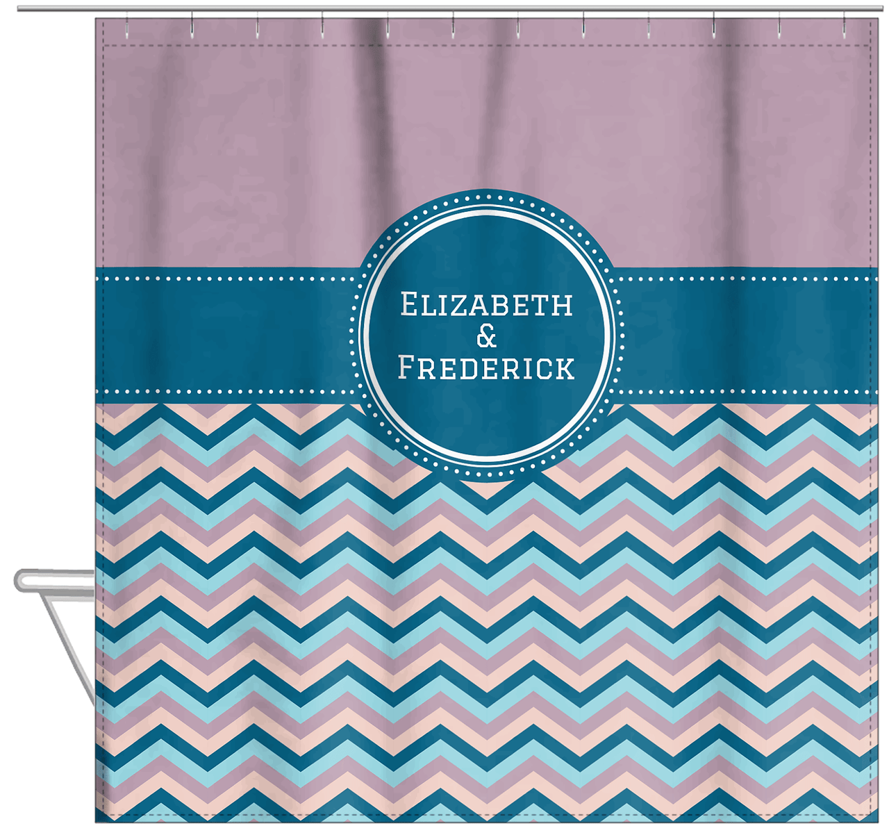 Personalized Solid and Chevron IV Shower Curtain - Pink and Blue - Circle Nameplate - Hanging View