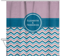 Thumbnail for Personalized Solid and Chevron IV Shower Curtain - Pink and Blue - Circle Nameplate - Hanging View