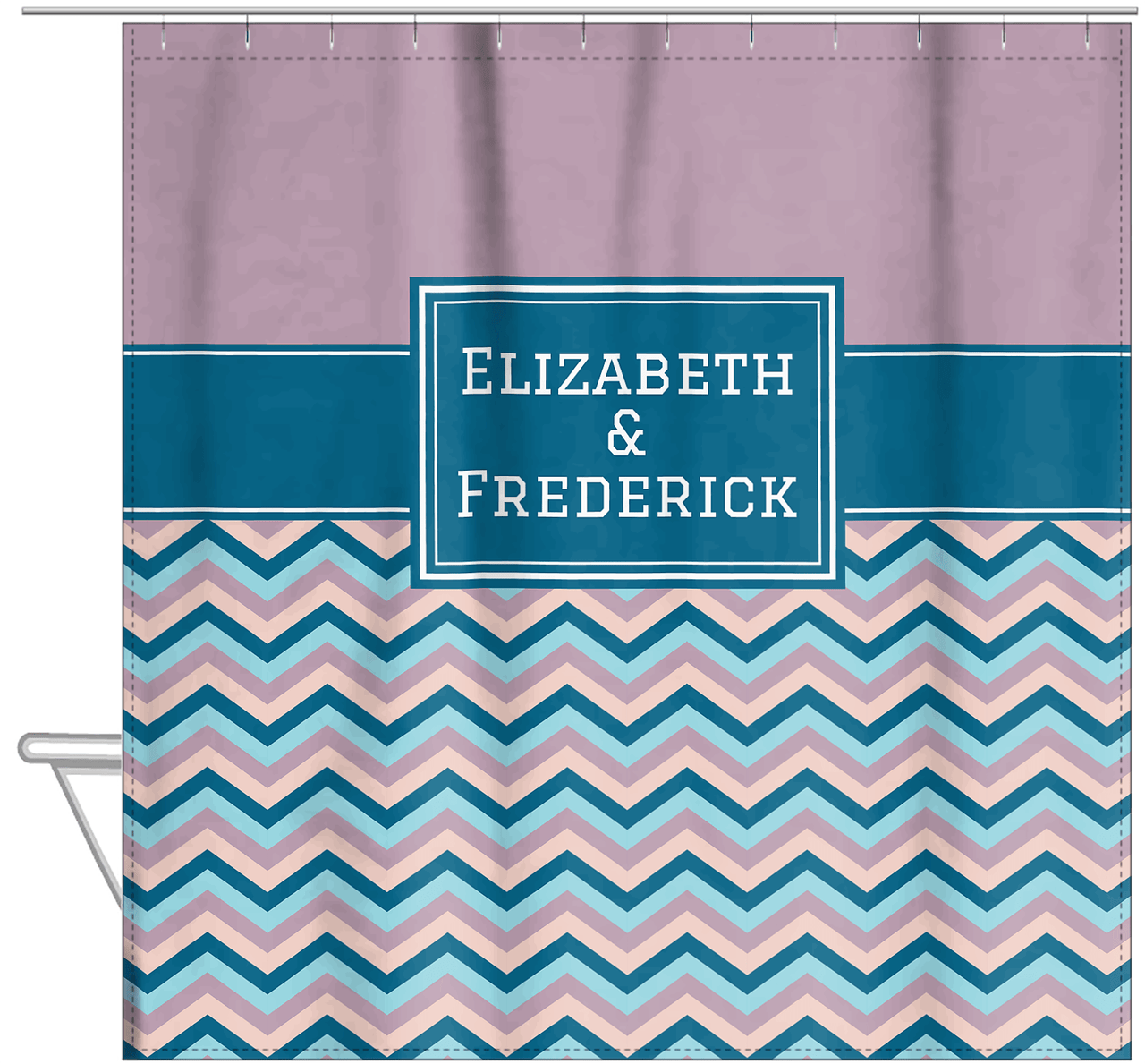 Personalized Solid and Chevron IV Shower Curtain - Pink and Blue - Rectangle Nameplate - Hanging View