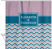 Thumbnail for Personalized Solid and Chevron IV Shower Curtain - Pink and Blue - Rectangle Nameplate - Hanging View