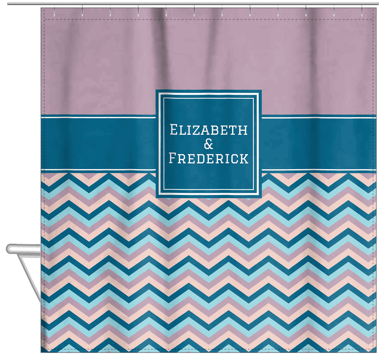 Personalized Solid and Chevron IV Shower Curtain - Pink and Blue - Square Nameplate - Hanging View