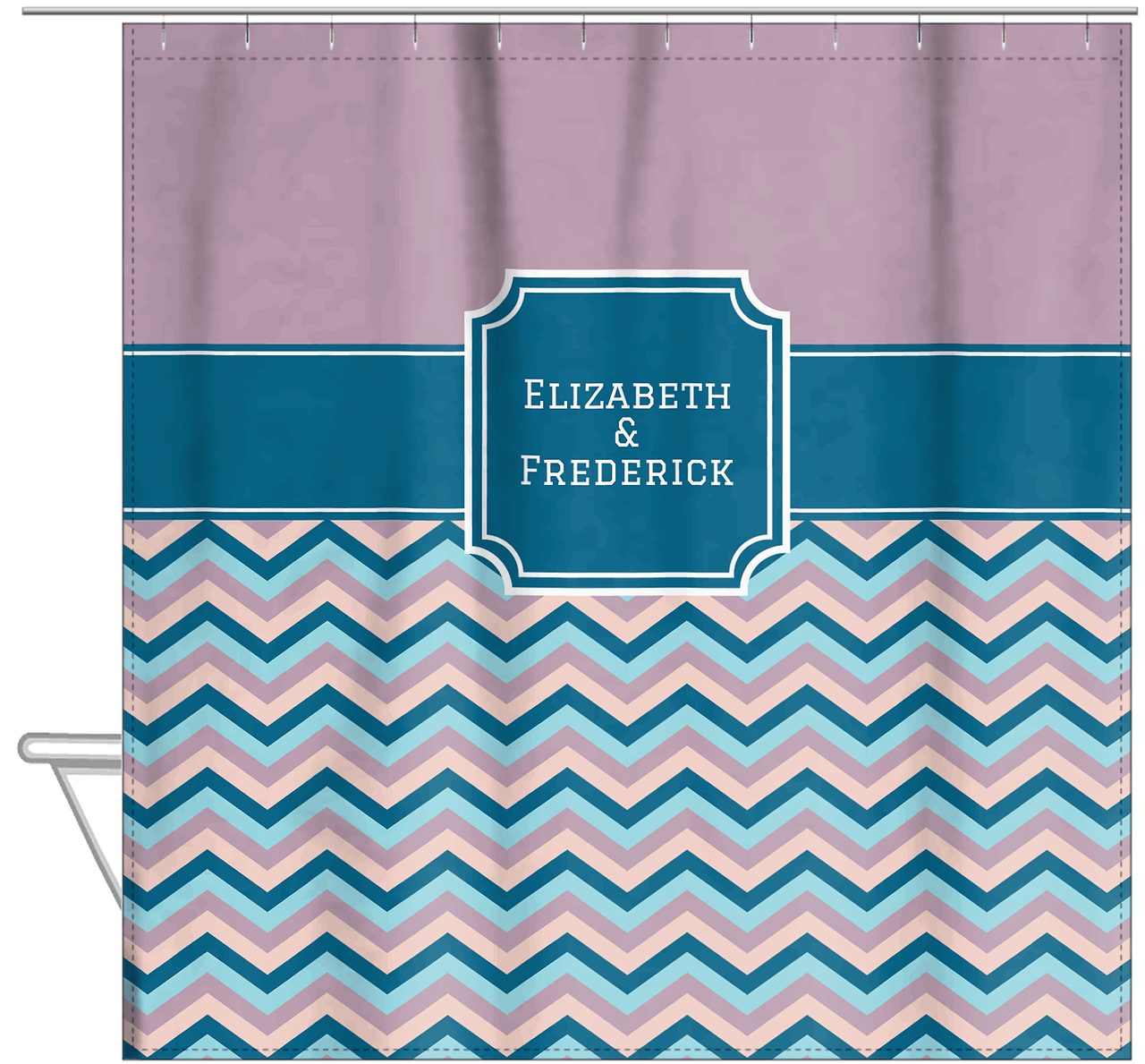 Personalized Solid and Chevron IV Shower Curtain - Pink and Blue - Stamp Nameplate - Hanging View