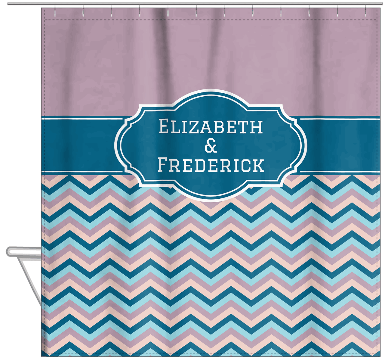 Personalized Solid and Chevron IV Shower Curtain - Pink and Blue - Fancy Nameplate - Hanging View