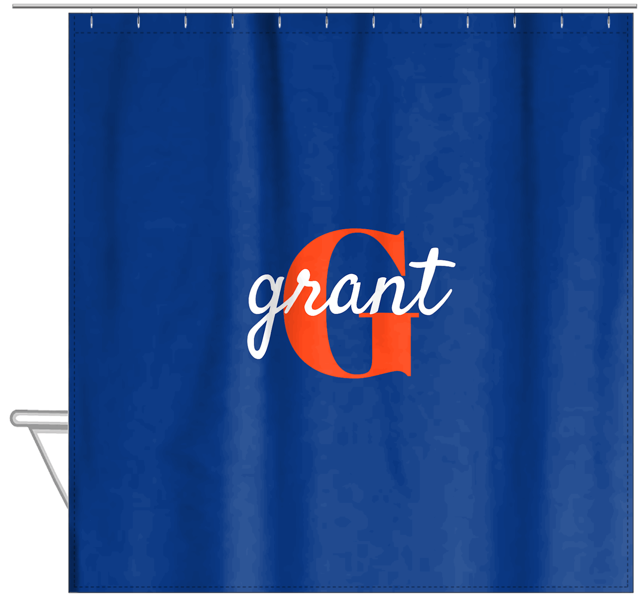 Personalized Solid Color Shower Curtain - Blue Background - Name Over Initial - Hanging View